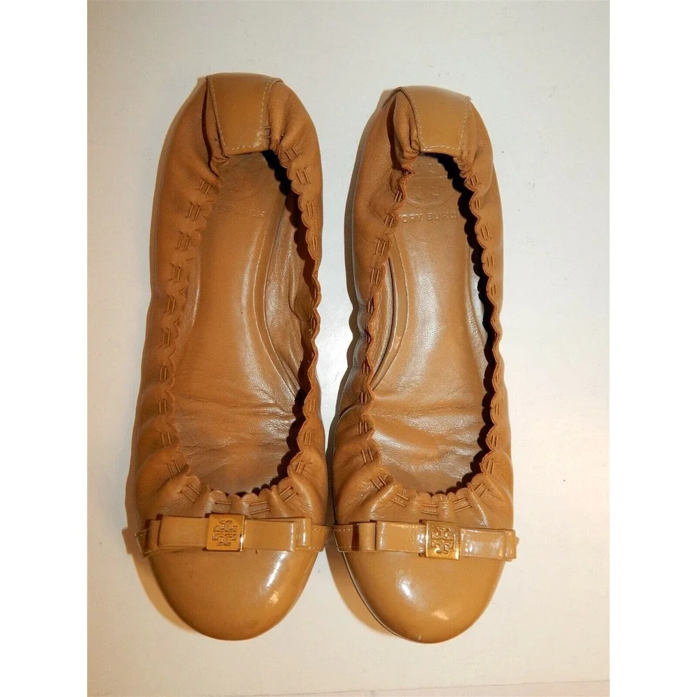 Tory Burch 8‎ M Romy Brown Leather Patent Medallion Scrunch Bow Ballet Flats